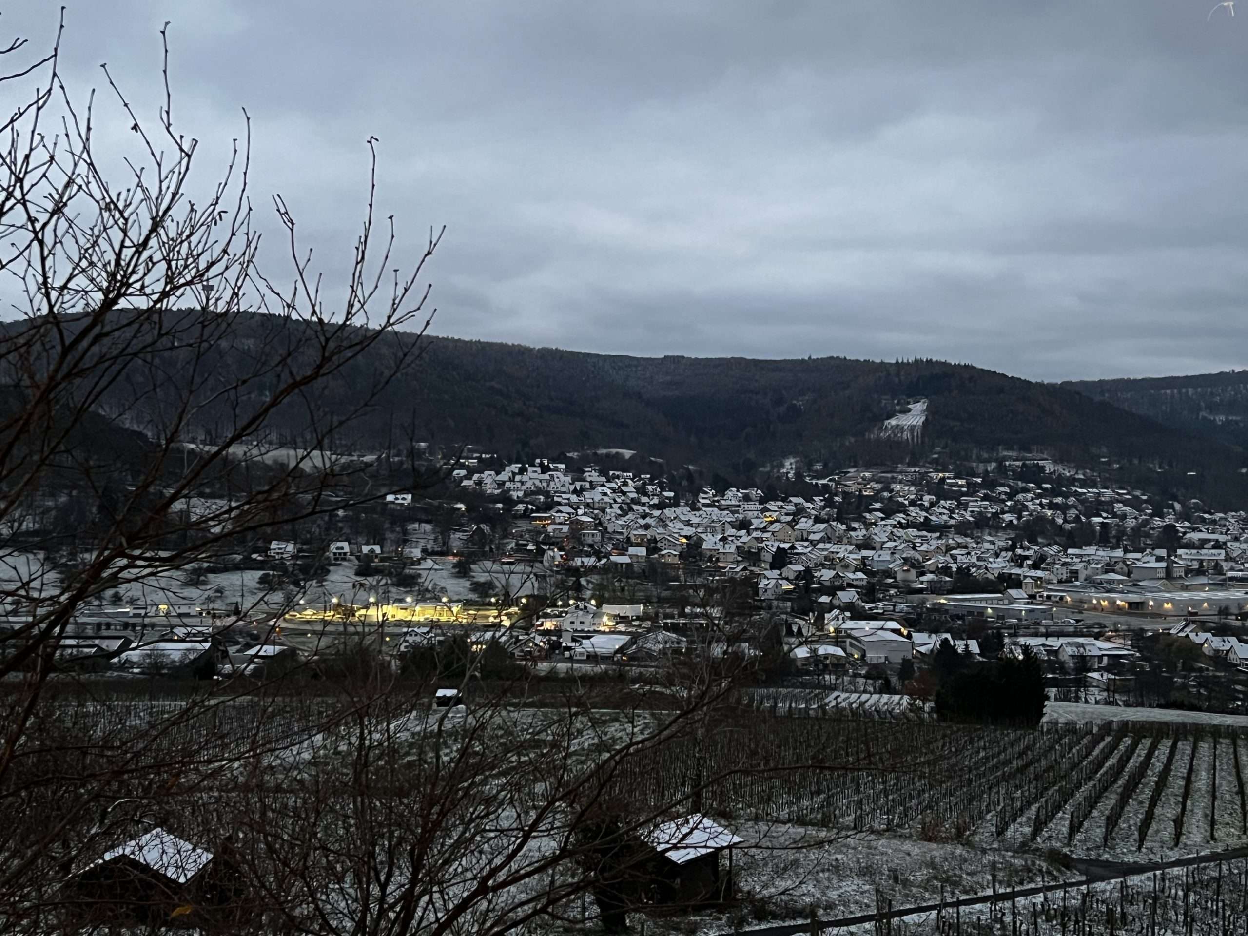 Blick auf das verschneite Bürgstadt vom Weingut Fürst aus gesehen